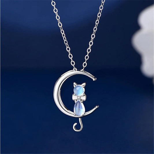 925 Sterling Silver Moonstone Cat Pendant Necklaces