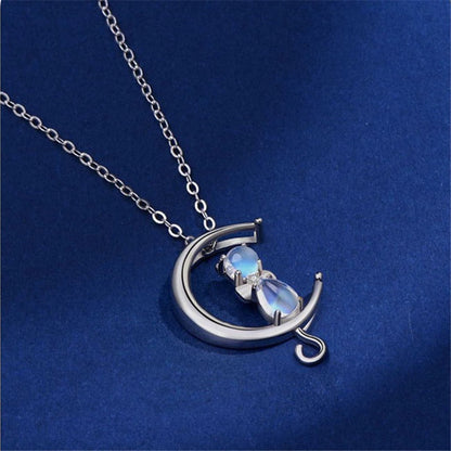 925 Sterling Silver Moonstone Cat Pendant Necklaces